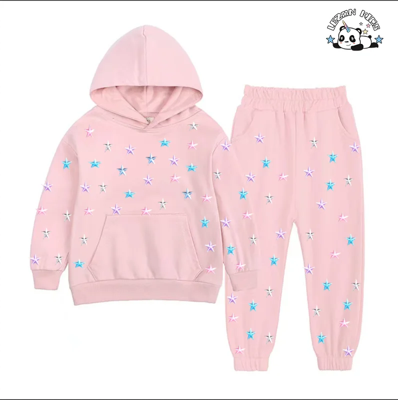 LEZONKIDS - Customized Fall Winter Children Clothes Colors Stars Sweatshirt Jogger Set Casual Girls Clothing Sets